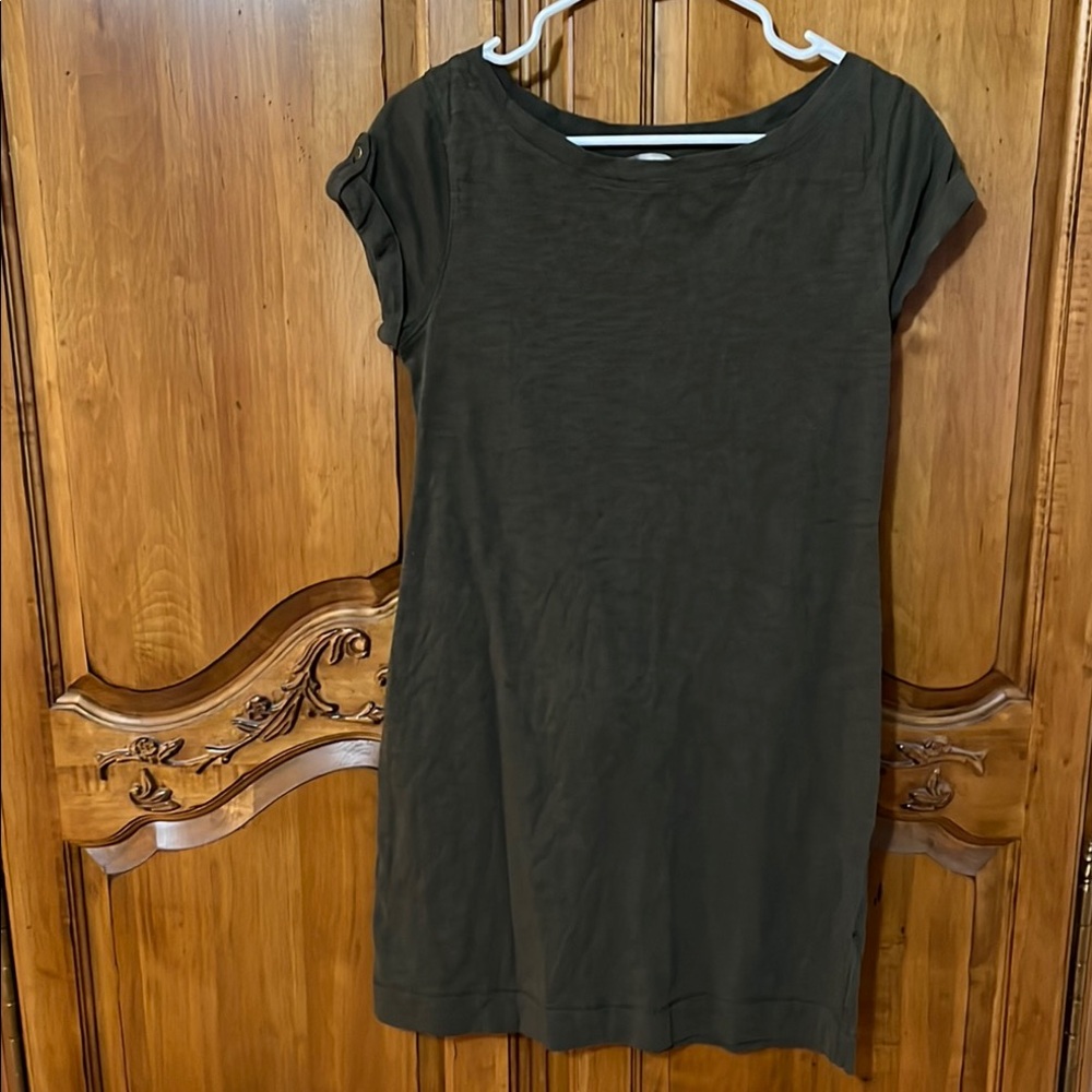 Olive Green Short Sleeve Dress with sleeve button detail.